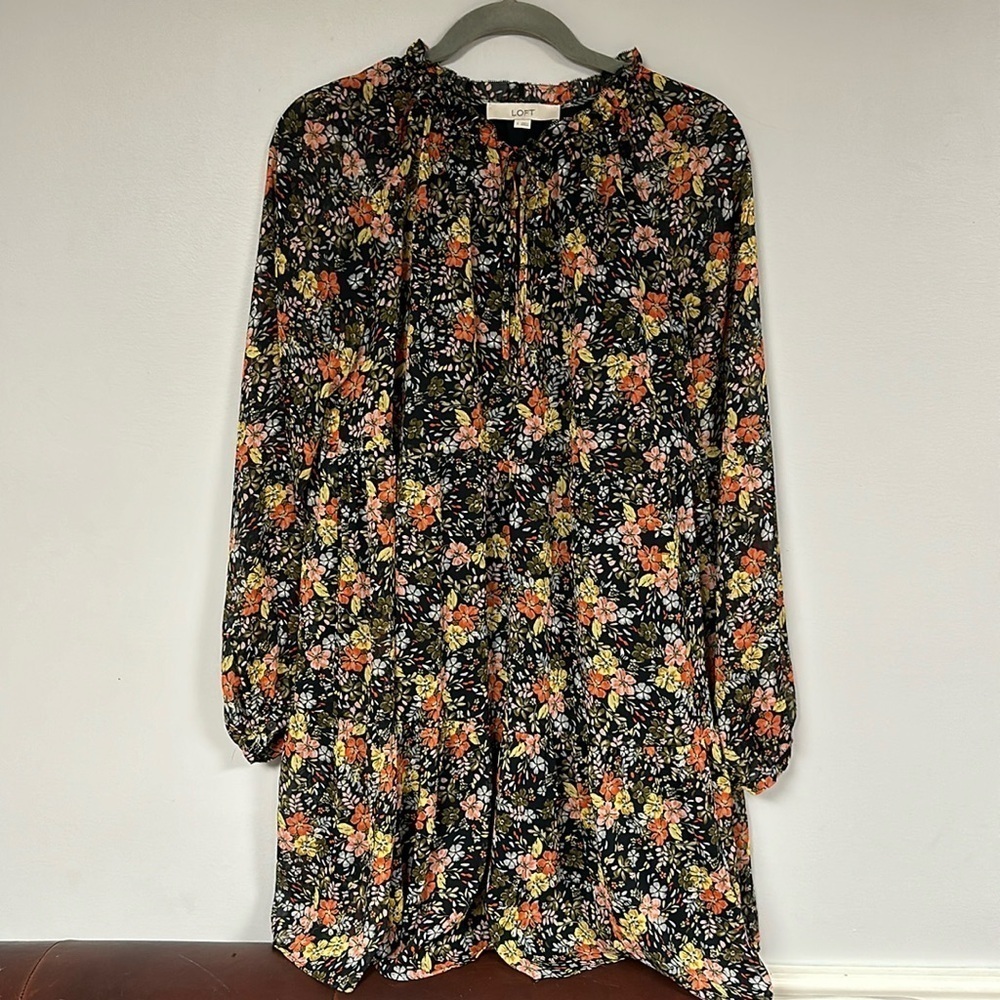 Cute LOFT Black Floral Tiered Dress, Long Semi- Sheer Sleeves, Fully Lined, S